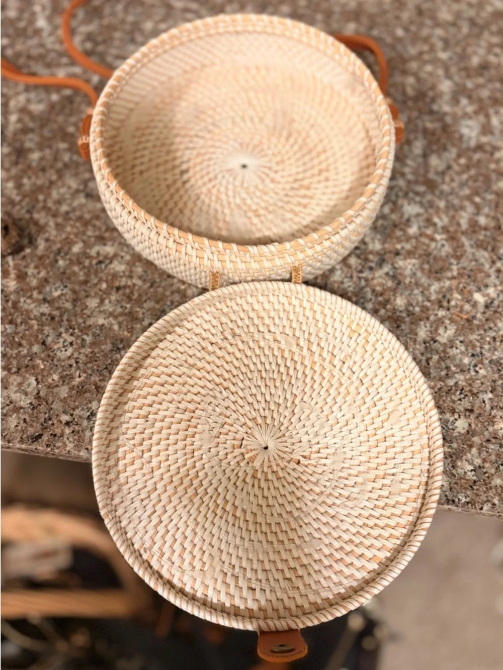 Bali 8” diameter Cream Woven Round Mini Bag with Brown leather Strap - Picture 5 of 6
